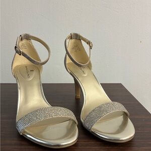 Bandolino Gold Heels with Ankle Strap and Sparkly Finish